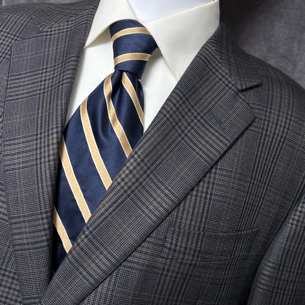 Hickey Freeman Sport Coat 46R Grey Brown Glen Plaid Wool Blazer Jacket USA Union